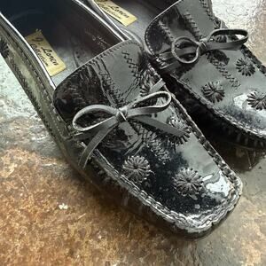 Vtg Patent Leather Loafers Black Moccasins Womens 7.5 Square Toe Driving Shoes‎